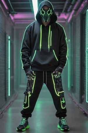 Full-length, standing in the corridor, 1guy dressed in a sweatshirt, a cyber mask connected to a hood, wide trousers with pockets, neon elements on the clothes glow, dark, masterpiece. (Cyberpunk style). TechStreetwear,Glass Elements