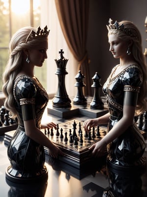 Realism, digital photo, (Chess Queen and King) play chess, made of Obsidian_Diamond, at Townhouse, dramatic light, bokeh,cinematic_warm_color, add_more_creative,Obsidian_Diamond,ral-pnrse