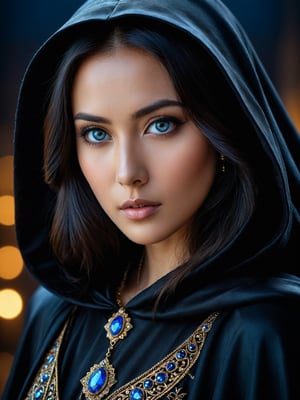 photo portrait of beautiful sexy central asian princess. Dark night, Her dark hair are hidden by a black cloak, striking blue eyes, eyes shadows blue color , looking at the camera, appropriation artist, shiny/glossy, clear edge definition, unique and one-of-a-kind pieces, light brown and light amber, Fujifilm X-T4, Sony FE 85mm