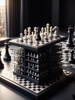 Realism, digital photo, floating in air Cubic platforms with chess, white and black, with pawns, made of Obsidian_Diamond, at Townhouse, dramatic light, bokeh,cinematic_warm_color, add_more_creative,Obsidian_Diamond,ral-pnrse