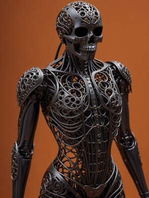 masterpiece, intricate details, dark metal black skeleton cyborg, exquisite delicate metal body structure, intricate detailed filigree delicate inner structure, (voids in body:1.5), (voids in body:1.5), (gaps in body:1.5), (holes in body:1.5), (hollows in body:1.5), close-up shot of torso, see through body, orange simple background,Extremely Realistic