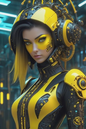 a woman dressed is a yellow and black dress with a helmet, in the style of cyberpunk realism, zbrush, argus c3, made of insects, industrial machinery aesthetics, shiny eyes, high definition