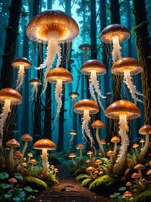 A jellyfish forest with (mushrooms glowing) in the dark, a forest fantasy in a nature scenery,cinematic_warm_color,more detail XL