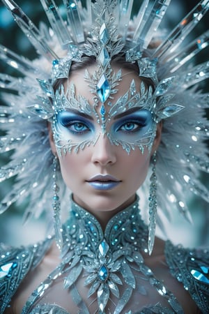 Rorschach Editorial Photography, close up Portrait, Frost Goddess, Neo Tribal frost Art, ((Background Christmas Tree:1.2) Bokeh:0.7), frost crystal,Glass Elements