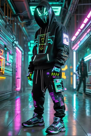 Full-length, standing in the corridor, 1guy dressed in a sweatshirt, a cyber mask connected to a hood, wide trousers with pockets, neon elements on the clothes glow, dark, masterpiece. (Cyberpunk style). TechStreetwear,Glass Elements,ROBOT