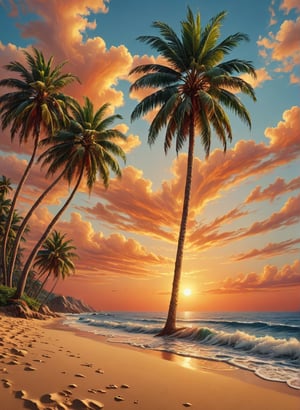 ((sea bay)), beach, palm tree, sunset, orange sky, cloud, (masterpiece),((ultra-detailed)), (highly detailed illustration),(expressionless), (best quality:1.2), High quality texture, intricate details, detailed texture, High quality shadow, Depth of field, light source contrast, perspective,20s, (ulzzang-6500-v1.1:0.5),ais-acrylicz