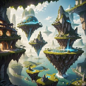 a levitating world in the sky, islands suspended in the sky, freely drifting in the air, like giant puzzle pieces connected by floating levitating bridges. There are cyber buildings on each island, some have gardens and others have waterfalls, one of the islands has a glass dome.,Comic Book-Style 2d,2d,floatingisland,landscapes