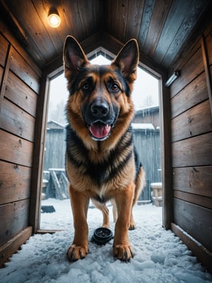 + German Shepherd, cyberpunk, small body, in Dog House, fish eye view, frost, glowing, metamorphic, epic cinematographic take of moving dynamics, main theme of a high budget action film, rough photography, blur of movement, better quality, high resolution