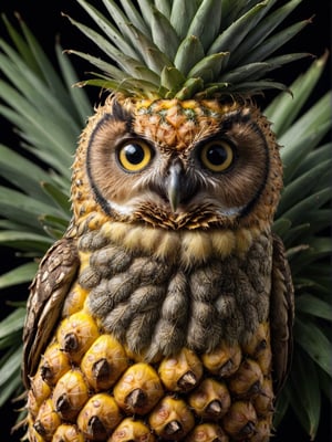 (pineapple:1.2) owl hybrid, sharp focus, award-winning photograph, add_more_creative
