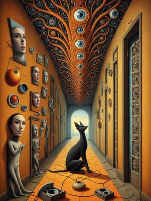 Neo Surrealism, whimsical art, fantasy, painting, magical realism bizarre art, pop surrealism, inspired by Remedios Varo, Jacek Yerka and Gabriel Pacheco. Generate an illustration of The corridor stretching into infinity is littered with kaleidoscopic photographs.,grain_of_film,cinematic_grain_of_film,cinematic_warm_color