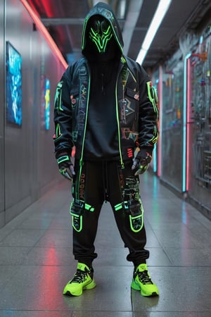 Full-length, standing in the corridor, 1guy dressed in a sweatshirt, a cyber mask connected to a hood, wide trousers with pockets, neon elements on the clothes glow, dark, masterpiece. (Cyberpunk style). TechStreetwear,Digital_Madness,TechStreetwear,Glass Elements