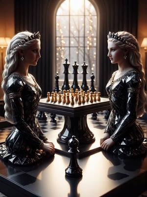 Realism, digital photo, Chess 2Queens divide the pawns argue, made of Obsidian_Diamond, at Townhouse, dramatic light, bokeh,cinematic_warm_color, add_more_creative,Obsidian_Diamond,ral-pnrse