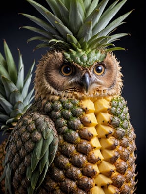 (pineapple:1.5) owl hybrid, sharp focus, award-winning photograph, add_more_creative