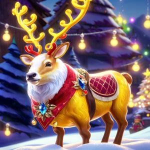 masterpiece, best quality, 4K, 8K, ultra detailed background, delicate pattern, complex detailed background, studio lighting, yellow back light, depth of field, fantastic,
view from below, view from a 45-degree angle, face to camera, looking at camera,
(crystal reindeer:1.2), red armor, glowing reindeer, stylish pose, cinematic angle, Jewelry,
necklace, long reindeer antlers,
Christmas tree,Christmas decoration, snow, snowing,  mechanical skeleton, chibi, FrostedStyle