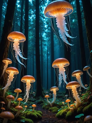 A jellyfish forest with mushrooms glowing in the dark, a forest fantasy in a nature scenery,