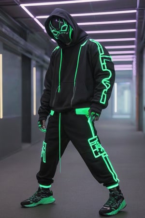 Full-length, standing in the corridor, 1guy dressed in a sweatshirt, a cyber mask connected to a hood, wide trousers with pockets, neon elements on the clothes glow, dark, masterpiece. (Cyberpunk style). TechStreetwear,Glass Elements