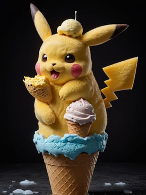 Dark background, RAW photo, a side view portrait, big ice-cream cone with 1Pikachu head, ice-cream on head, eats ice-cream greedily, looking serene, high detail,