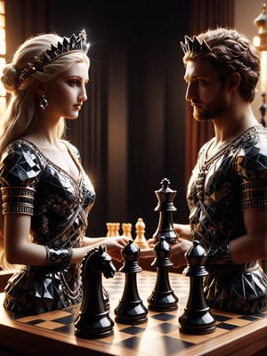 Realism, digital photo, (Chess Queen and King) play chess, made of Obsidian_Diamond, at Townhouse, dramatic light, bokeh,cinematic_warm_color, add_more_creative,Obsidian_Diamond,ral-pnrse