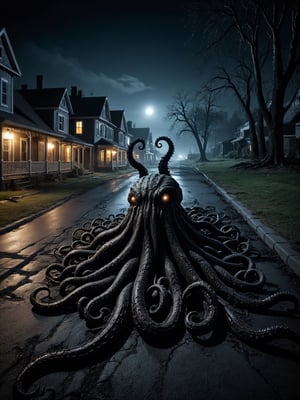 realistic photography, a small sleepy town, dark night, ground cracks open, monstrous entity, The creature revealed, colossal tentacles sprawled across the town, smashing houses and trees. light from the fissure, shadows, high-contrast, dynamic scene,  sense of horror,Movie Still