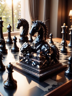 Realism, digital photo, Chess made of Obsidian_Diamond, at Townhouse, dramatic light, bokeh,cinematic_warm_color, add_more_creative,Obsidian_Diamond,ral-pnrse