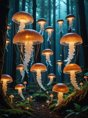 A jellyfish forest with mushrooms glowing in the dark, a forest fantasy in a nature scenery,cinematic_warm_color