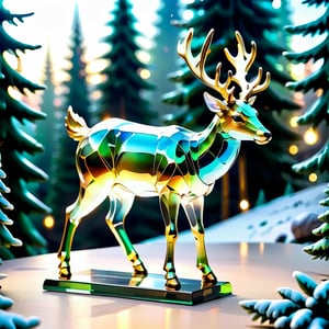extremely delicate iridiscent deer made of glass, translucent, Christmas atmosphere, tiny golden accents, beautifully and intricately detailed, ethereal glow, whimsical, art by Mschiffer, best quality, glass art, magical holographic glow, Glass Elements, ByteBlade