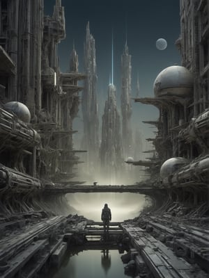by Adrian Paul Allinson and Eugene von Guerard,  (long exposure, dystopian but extremely beautiful:1.4), (intricate details, masterpiece, best quality:1.4), Futuristic sci-fi style, futuristic, technological, alien worlds, space themes, advanced civilizations, , looking at viewer, dynamic pose in the style of nicola samori,add_more_creative, add_more_creative