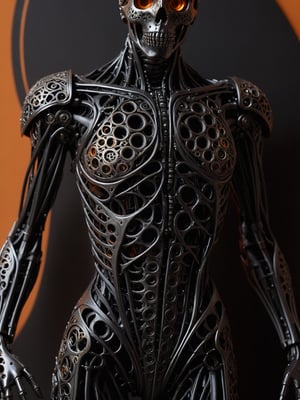 masterpiece, intricate details, dark metal black skeleton cyborg, exquisite delicate metal body structure, intricate detailed filigree delicate inner structure, (voids in body:1.5), (voids in body:1.5), (gaps in body:1.5), (holes in body:1.5), (hollows in body:1.5), close-up shot of torso, see through body, orange simple background,ral-pnrse,Movie Still,g1h3r,more detail XL