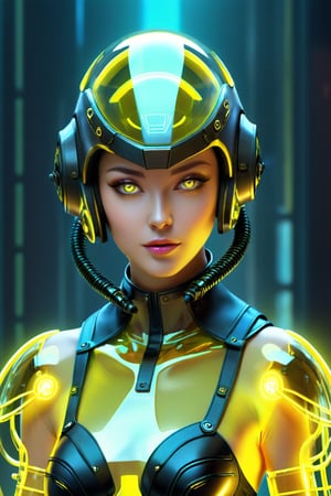 a 1woman dressed is a yellow Transparent Glow and black dress, with a sci-fi onen light helmet, in the style of cyberpunk realism, zbrush, argus c3, made of insects, industrial machinery aesthetics, [[[ Glow eyes ]]], high definition, more detail XL, high mackeup