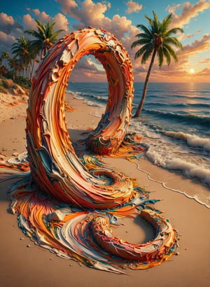 (sea bay in the form of a horseshoe), beach, palm tree, sunset, orange sky, cloud, (masterpiece), (highly detailed acrylic illustration),(expressionless), (best quality:1.2), High quality texture, intricate details, detailed texture, High quality shadow, Depth of field, light source contrast, perspective,20s,,cinematic_warm_color,covered with ais-acrylicz,ais-acrylicz
