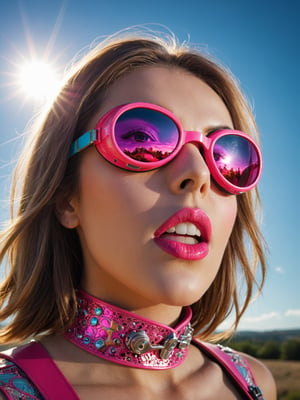 + photograph, thin Western (Female [VampireAtronach]:1.1), Robotic, Nasty lips and Groovy chin, fluorescent pink Goggles, Sun in the sky, Overdetailed art, Disgusting, Hyperpop, Sun Rays, High Shutter Speed, Cinestill 50, macro Lens, adobe lightroom