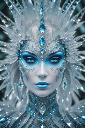 Rorschach Editorial Photography, close up Face, Frost Goddess, Neo Tribal frost Art, ((Background Christmas Tree:1.2) Bokeh:0.7), frost crystal,Glass Elements