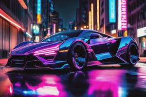 A (gleaming supercar:1.3), (neon-lit Strip:1.2) of cyberpunk urban citie, (vibrant nightlife:1.1), reflection of city lights on polished hood, (sleek aerodynamics:1.2), high-performance luxury, the essence of speed, sharp contrast under (city lights:1.2), Canon EOS R5, 1/125s, f/2.8, ISO 100, high-octane elegance, pristine composition, RAW capture, professional photography,
