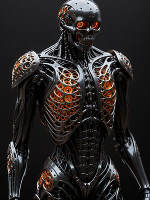masterpiece, intricate details, dark metal black skeleton cyborg, exquisite delicate metal body structure, intricate detailed filigree delicate inner structure, (voids in body:1.5), (voids in body:1.5), (gaps in body:1.5), (holes in body:1.5), (hollows in body:1.5), close-up shot of torso, see through body, orange simple background,ral-pnrse,Movie Still,g1h3r,more detail XL