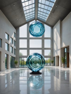 A high detailed DSLR RAW photo of a modern, ((spacious hi-tech interior) with high ceilings and large windows). In the center, place a large, intricate organic glass sculpture with multi-faceted surfaces. Surround it with smaller, diverse glass artworks in various colors and textures. Include both natural light from the windows and artificial spotlights highlighting the sculptures. Show complex reflections and shadows on the sculptures, walls, and a polished marble floor. Capture the scene from an angle emphasizing the central sculpture with a slightly blurred background,grain_of_film,cinematic_grain_of_film,cinematic_warm_color,Glass Elements