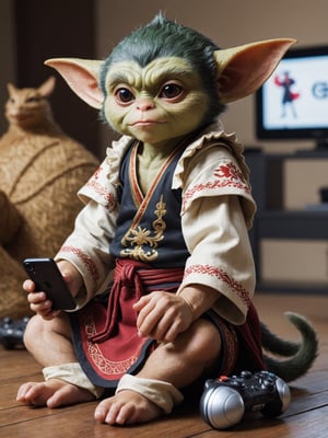 + Authentic High-Tech Male Gremlin, Playing video games, he is wearing ShÅwa Era Tracht, Stretching pose, iphone photo, great depth of field, great depth of field, very detailed
