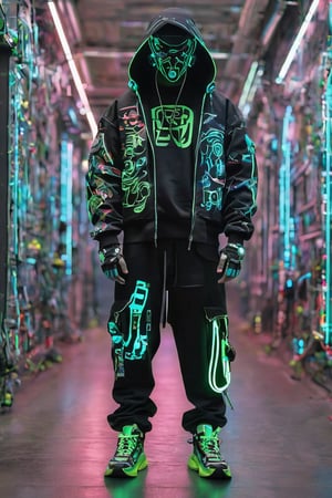 Full-length, standing in the corridor, 1guy dressed in a sweatshirt, a cyber mask connected to a hood, wide trousers with pockets, neon elements on the clothes glow, dark, masterpiece. (Cyberpunk style). TechStreetwear,Glass Elements,ROBOT,ByteBlade