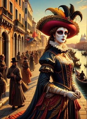 Wide viewing angle, Carnival in Venice, (masterpiece), (detailed illustration), (best quality:1.2), High quality texture, intricate details, detailed texture, High quality shadow, Depth of field, light source contrast, perspective,,cinematic_warm_color,