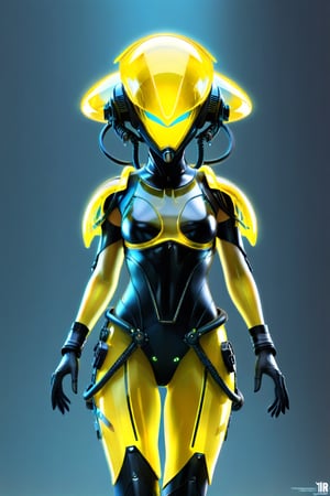 a 1woman dressed is a yellow Transparent Glow and black dress, with a sci-fi onen light helmet, in the style of cyberpunk realism, zbrush, argus c3, made of insects, industrial machinery aesthetics, [[Glow eyes]], high definition, more detail XL, power light mackeup