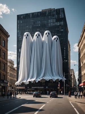 dlsr, massive building with a exposure style of billboard with giant ghosts coming out, flying out to street, bathed in soft, natural lighting, cinematic grain, dramatic shadows, spooky atmosphere, exceptionally high level of detail and contrast, flawless overall composition
