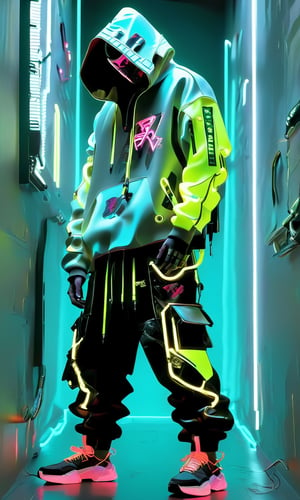 Full-length, standing in the corridor, 1guy dressed in a sweatshirt, cyber mask connected to a hood, wide trousers with pockets, neon elements on the clothes glow, dark, masterpiece. (Cyberpunk style). TechStreetwear,Digital_Madness,TechStreetwear,Glass Elements,neon photography style,ByteBlade
