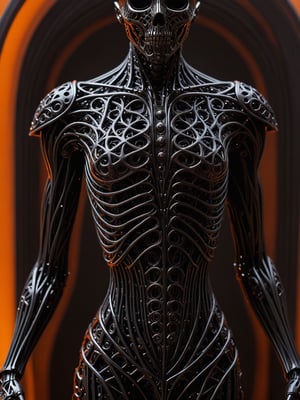 masterpiece, intricate details, dark metal black skeleton cyborg, exquisite delicate metal body structure, intricate detailed filigree delicate inner structure, (voids in body:1.5), (voids in body:1.5), (gaps in body:1.5), (holes in body:1.5), (hollows in body:1.5), close-up shot of torso, see through body, orange simple background,ral-pnrse,Movie Still,g1h3r