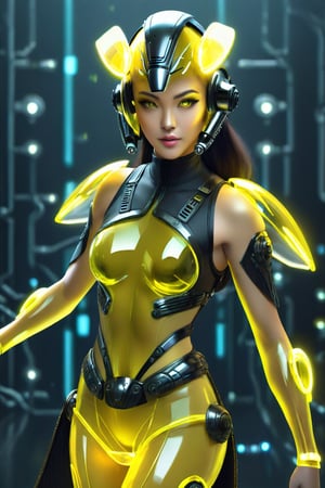 a 1woman dressed is a yellow Transparent Glow and black dress, with a sci-fi onen light helmet, in the style of cyberpunk realism, zbrush, argus c3, made of insects, industrial machinery aesthetics, Glow eyes, high definition,