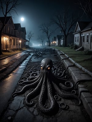 realistic photography, a small sleepy town, dark night, ground cracks open, monstrous entity, The creature revealed, colossal tentacles sprawled across the town, smashing houses and trees. light from the fissure, shadows, high-contrast, dynamic scene,  sense of horror,Movie Still