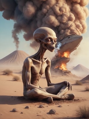 Sad alien smokes, sitting on a ground, An alien ship crashed into the ground, desert, (fire:0.2),
(oil painting:0.1),
,cinematic_warm_color, add_more_creative