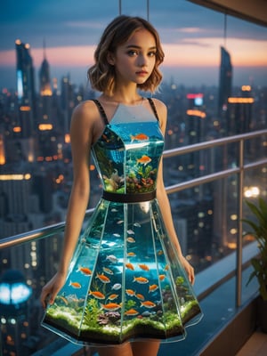 A harmonious blend of nature and technology. (Dress made from fish tank), a futuristic realm, Evening, 1Girl on the balcony, ultra hi-tech cityscape, light bokeh portrait, detailed eyes, posing for photo, hiding hands behind,cinematic_warm_color,Movie Still