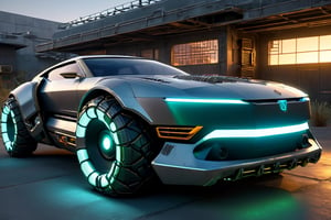 a 3/4 front view of ((futuristic cyberpunk badass ho-trod)) (with glowing tires), at the parking lot,front pop up headlights, science fiction, sci-fi scenario, (night), natural light, cyberpunk city, neon signs, (highly detailed), multiple buildings in the background, detailed textures, wide angle, 8k, HDR, professional photo shoot, high quality photo, realistic photo, realistic shadows, detailed shadows, realistic proportions, c_car, Glass Elements, DonMR3mn4ntsXL 