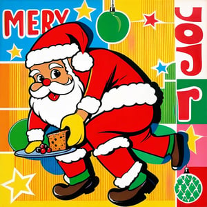 christmas pop art, santa claus, fruitcake, harmonious and unified, full of anticipation and excitement, nostalgic and reminiscent, industrial lighting,