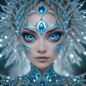 Rorschach Editorial Photography, close up Face, Frost Goddess, Neo Tribal frost Art, detailed skin, ((Background Christmas Tree:1.2) Bokeh:0.7), frost crystal,Glass Elements,(Transperent Parts),BIG Anime EYES