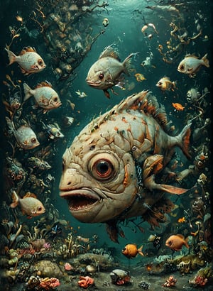 cute drawing of a Piranha Fishes, under dark water, guided by a large humanoid fish, swim chaotically in search of food, slender body, thin body,